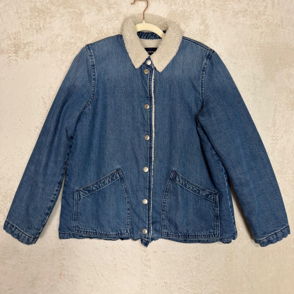 J.Crew Medium Blue Sherpa Lined Denim Trucker Jacket Snap Front 90s Western
